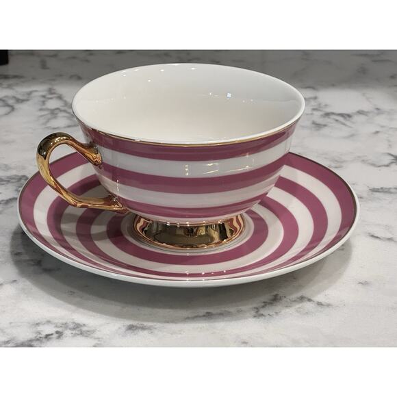 Afternoon Tea Pink White Stripe Gold Tea Cup Saucer Set - Picture 11 of 11